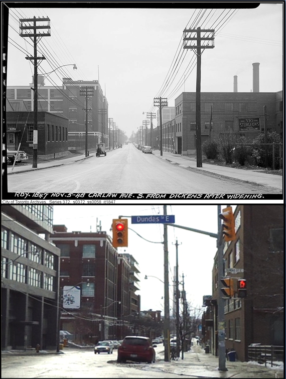 Carlaw Ave Then and Now: Looking south from Dundas Street.