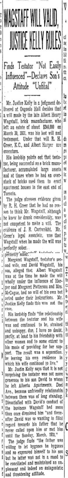 Justice Kelly very likely knew of Wagstaff's reputation even if he may not have known him personally. Toronto Star, November 12, 1932  