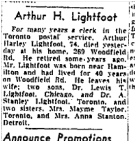 Arthur Lightfoot obit Globe and Mail Dec 11 1953