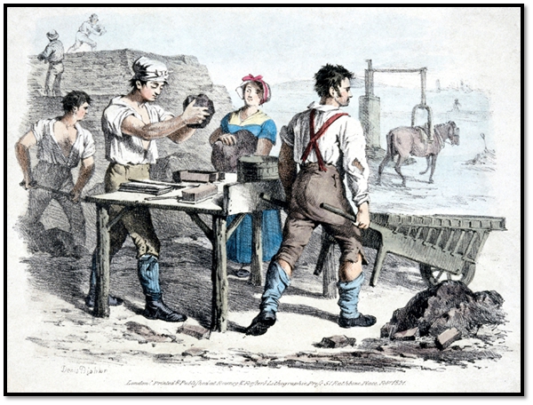 Brickmaking, Somerset, England. Probably from around 1850. The moulder is at the moulding talbe, the woman is the clot moulder. The man on the right is wheeling a specialized barrow called a "hake" full of newly moulded brings to the drying yard. The young lad on the left is bringing clay to the clot moulder. In the background, a horse is walking around and around turning the pug mill that is mixing the clay to prepare it for moulding. Many brick making families came from Bridgwater, Somerset, to work for the Prices. Some family names include Billings, Manchip, Dibble, but there are many more.
