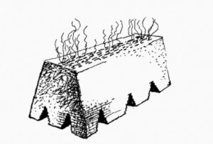A clamp kiln made of bricks. The steam coming off the top was called "water smoke". The triangular openings in the bottom were where firewood was fed into the kiln. A small cone of clay was put into one or more of these openings. The brickmaker could tell by the colour of the cone whether or not the bricks inside the clamp were ready. From Edward Dobson, A Rudimentary Treatise on the Manufacture of Brick and Tile, London: Crosby Lockwood and Son, first printed 1850, 10th edition, 1899.