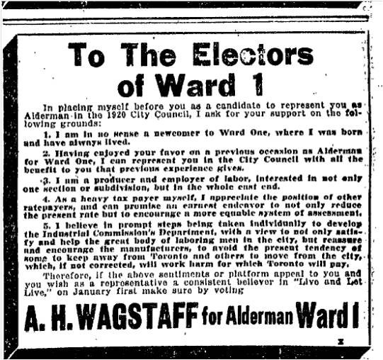 This time Wagstaff was defeated. Toronto Star December 29, 1916 
