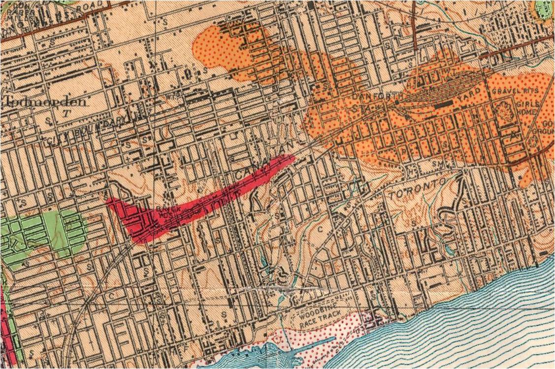 The red marks where the shale deposits were that Wagstaff and others used to make brick. The Pleistocene of the Toronto region: Including the Toronto interglacial formationA. P. Coleman, A. P.; Province of Ontario: Department of Mines, 1932 