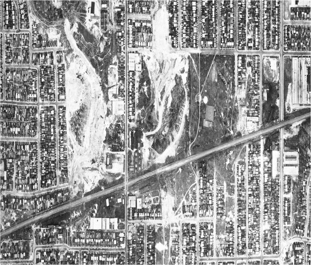 Aerial view of the brickyards on Greenwood north of the railway line. Dominion of Canada, 1942