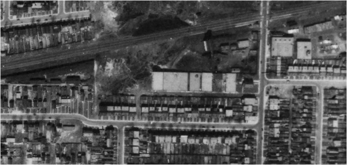 Close up of Wagstaff brick plant on Wagstaff Drive. Aerial view of the brickyards on Greenwood north of the railway line. Dominion of Canada, 1942