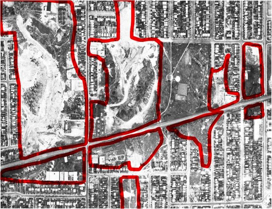 From the same 1942 aerial photo as above. I've outlined the brickpits on this aerial photo to emphasize just how much of my neighbourhood was made up of large artificial holes in the ground. One of the reasons I got into researching local history was because of curiosity about why things I see around me look like they do. Why are my neighbours' houses leaning in different directions off their foundations? Why is there a dip in the road here? Why have they put big green gas vent pipes at Alton and Gerrard? And why did they put the TTC Yard there?