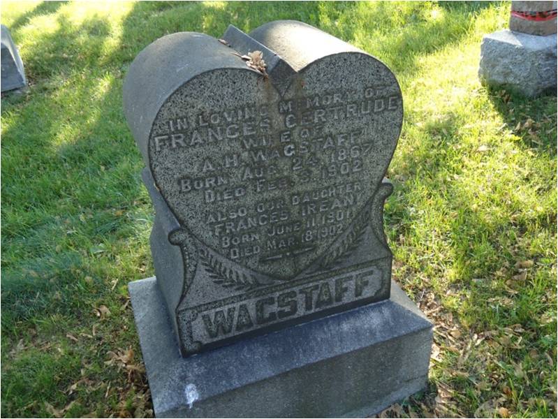 IN LOVING MEMORY OF FRANCES GERTRUDE WIFE OF A. H. WAGSTAFF BORN AUG. 24, 1867 DIED FEB. 3, 1902 ALSO OUR DAUGHTER FRANCES IREAN BORN JUNE 11, 1901 DIED MAR. 18, 1902 