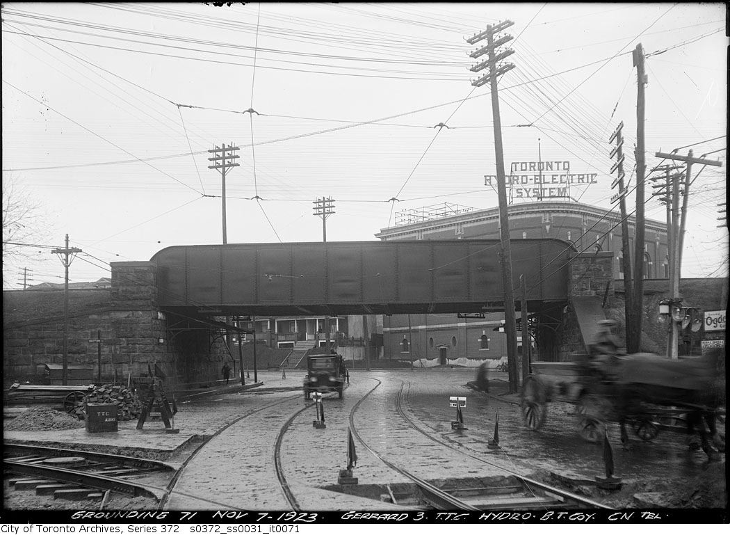 Gerrard Street underpass looking southeast towards the Toronto Hydro building