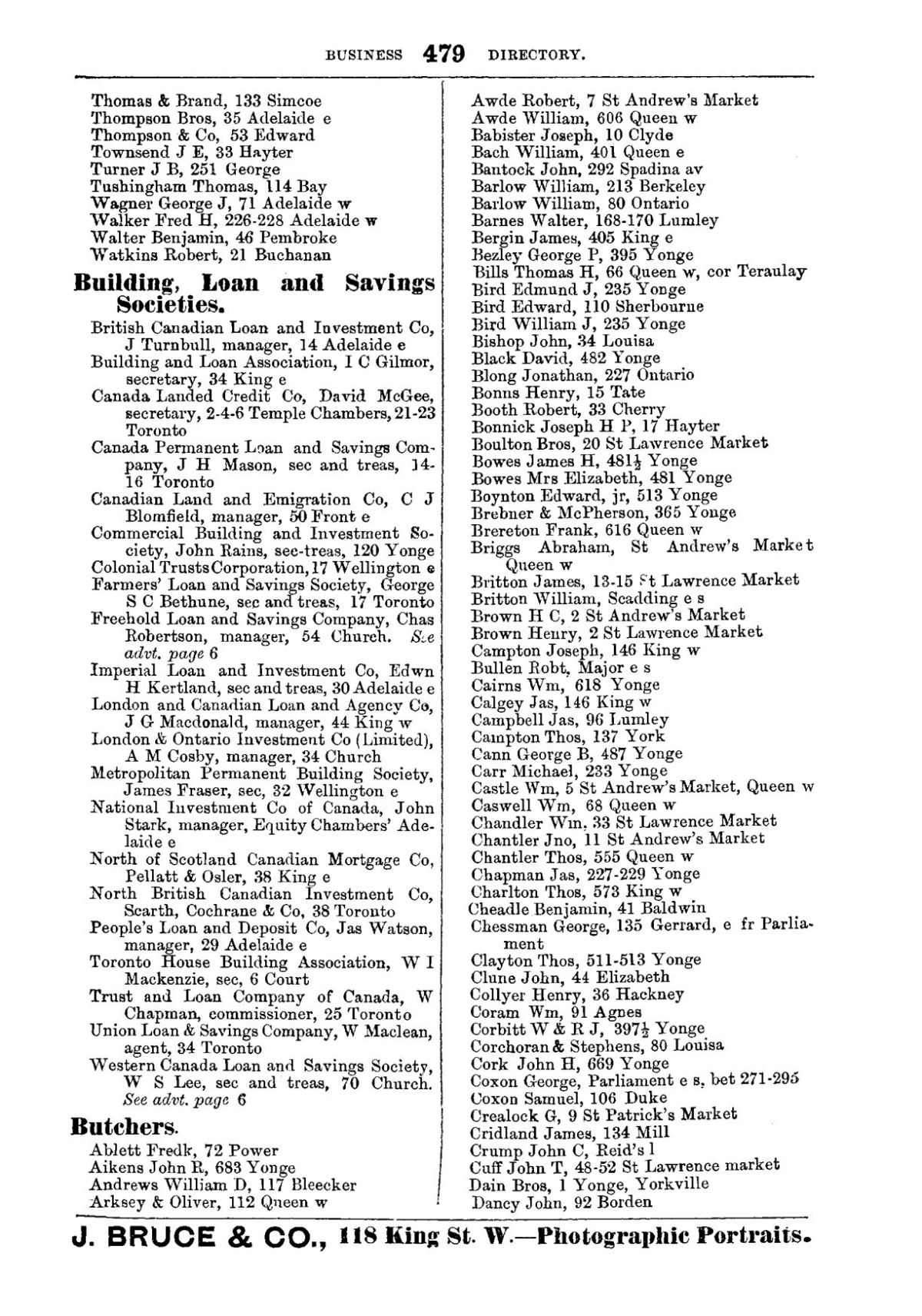 1878 City of Toronto Directory Butchers1