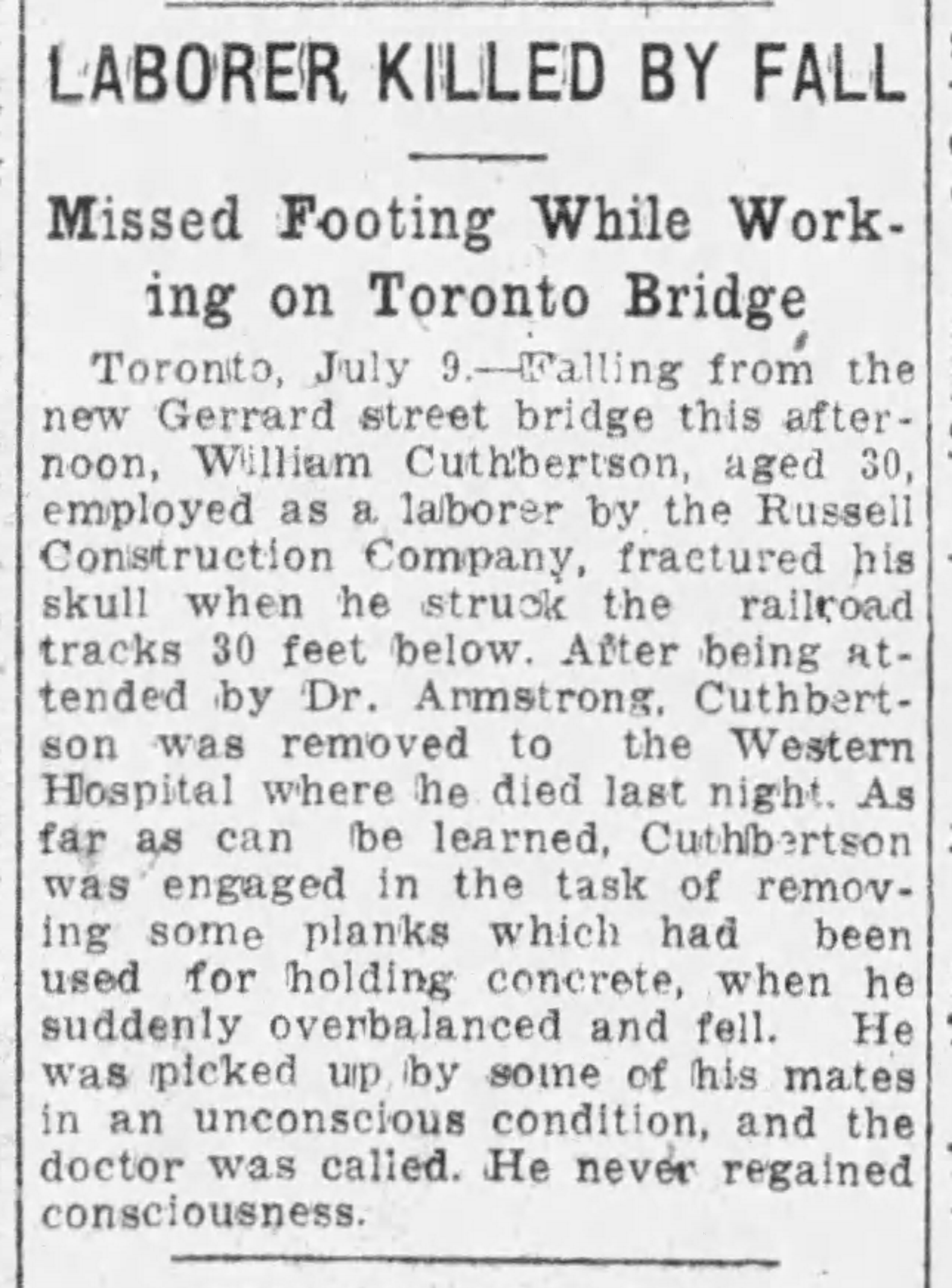 19230710 The Gazette (Mtl) Laborer killed by fall Gerrard St bridge