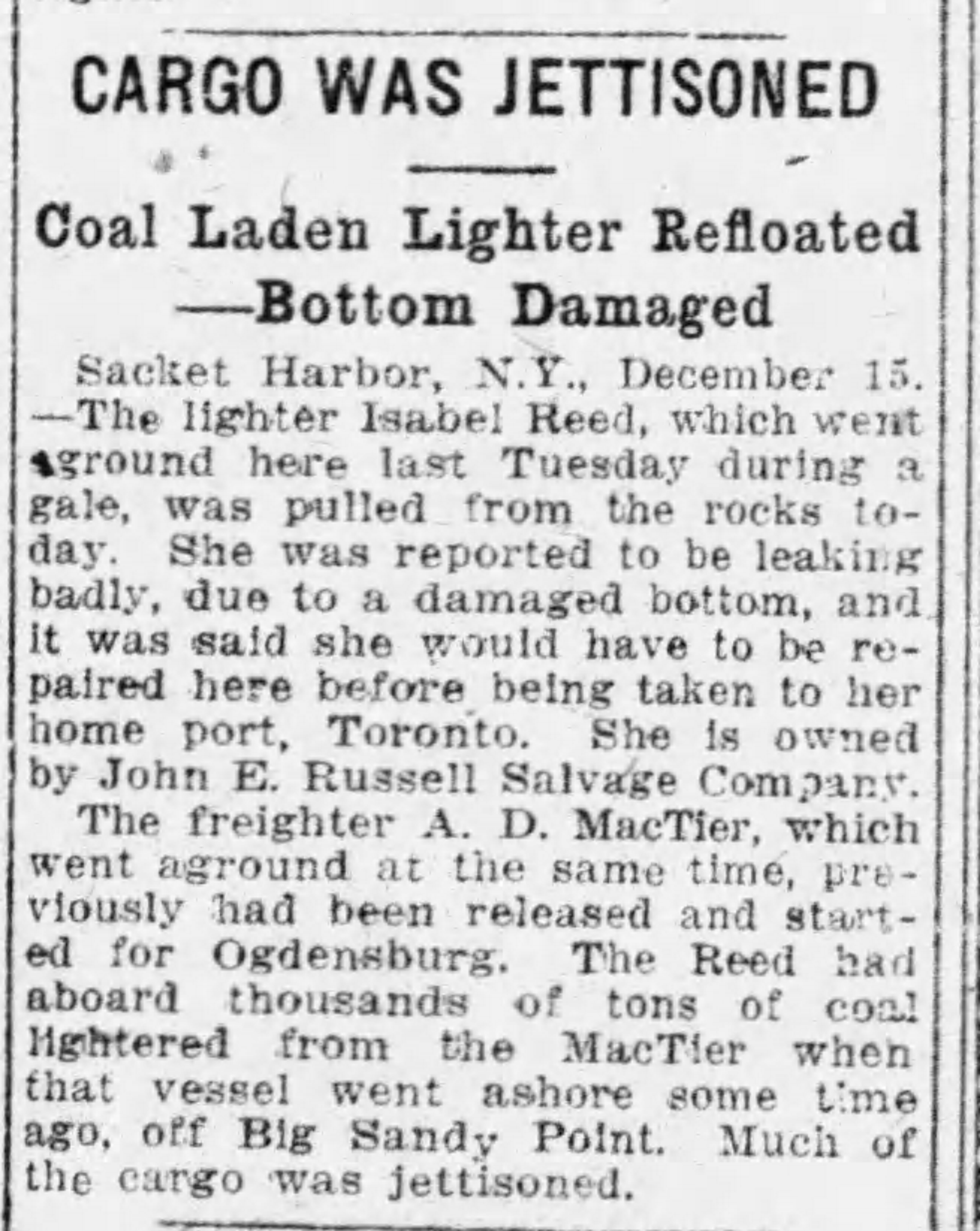 19241216 Gazette (Mtl) JER lighter vessel damaged