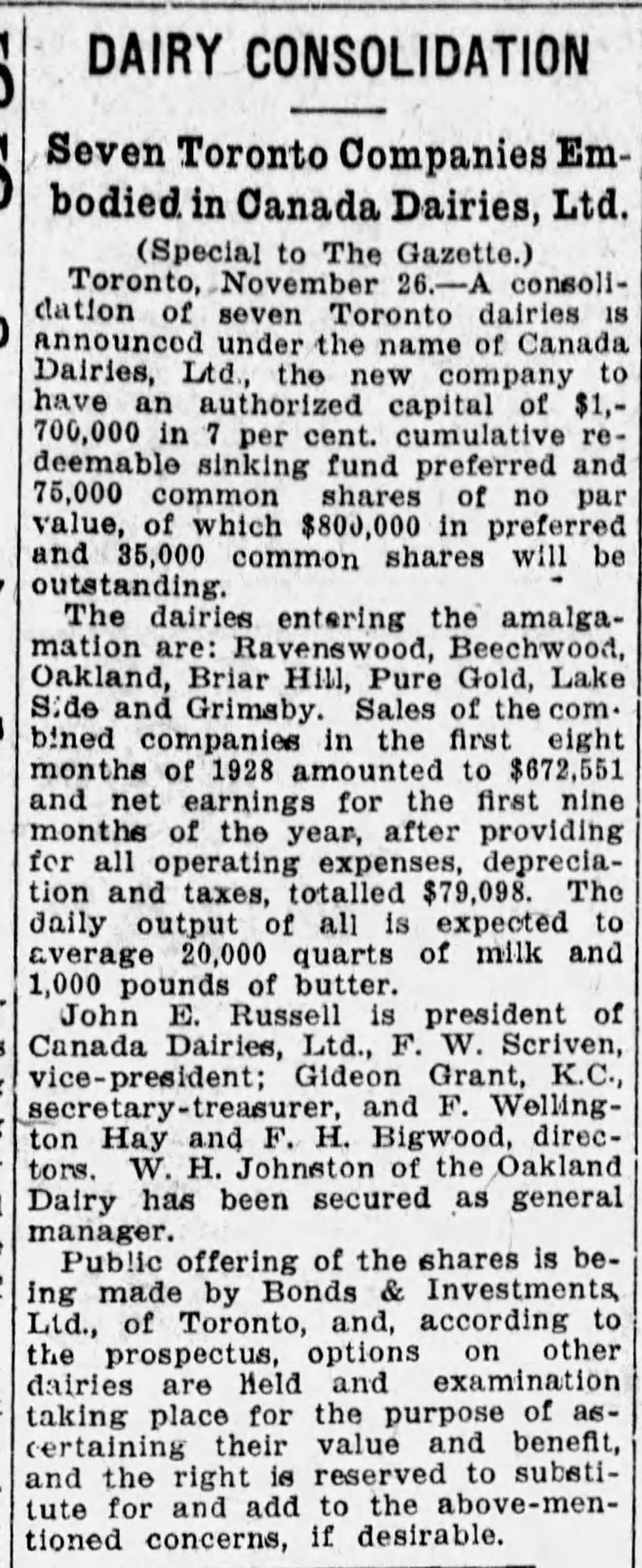 19281127 Gazette (Mtl) Canada Dairies