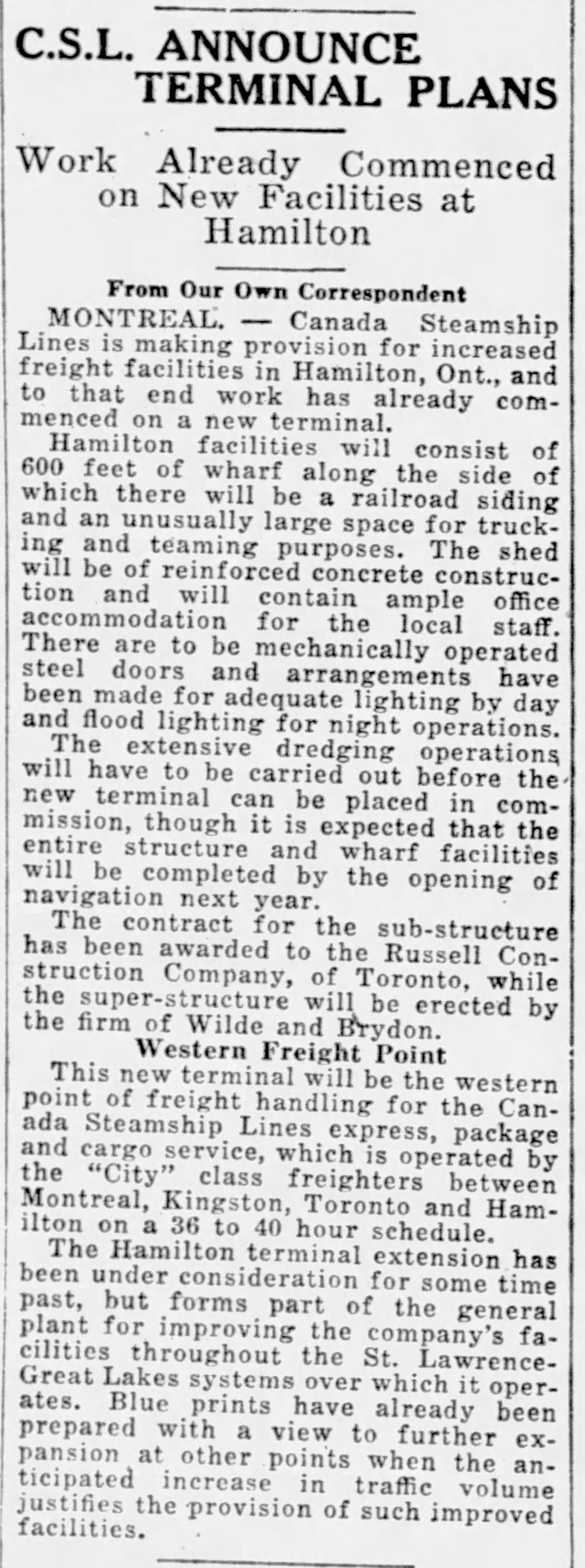 19290829 Financial Post Canadian Steamship Line Hamilton contract