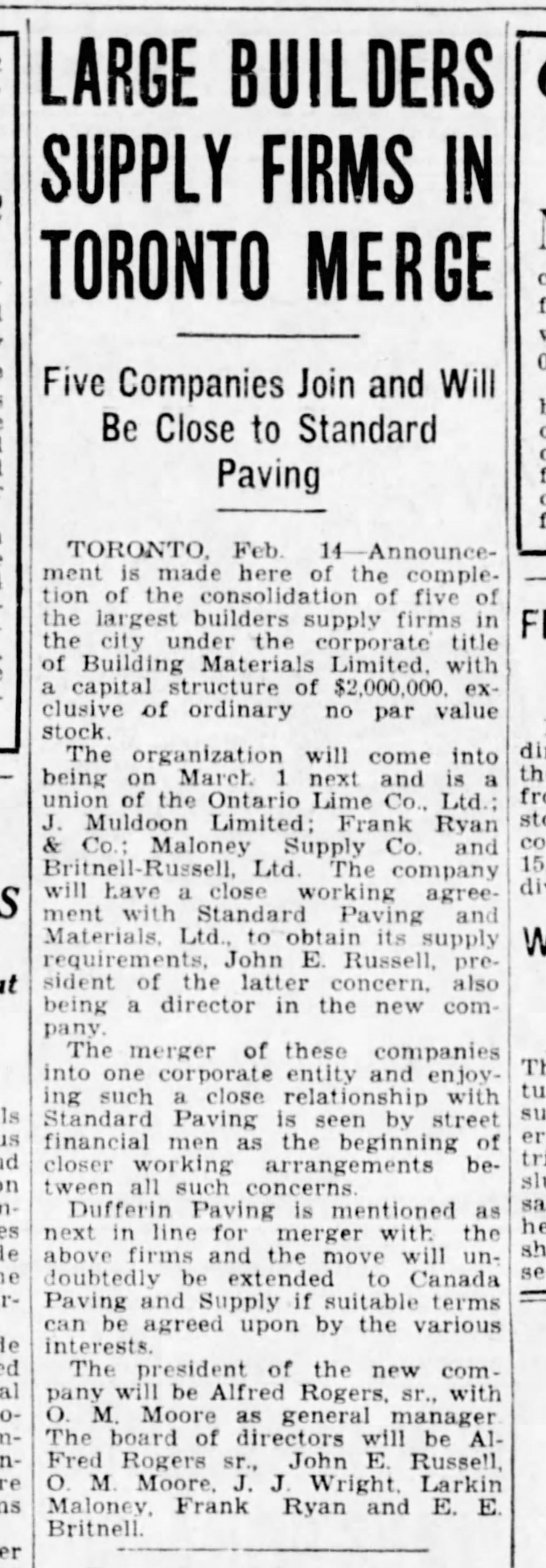 19300214 Winnipeg Tribune merger Standard Paving