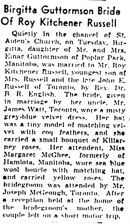 19411105 GM Birgitta Guttormson Bride Of Roy Kitchener Russell