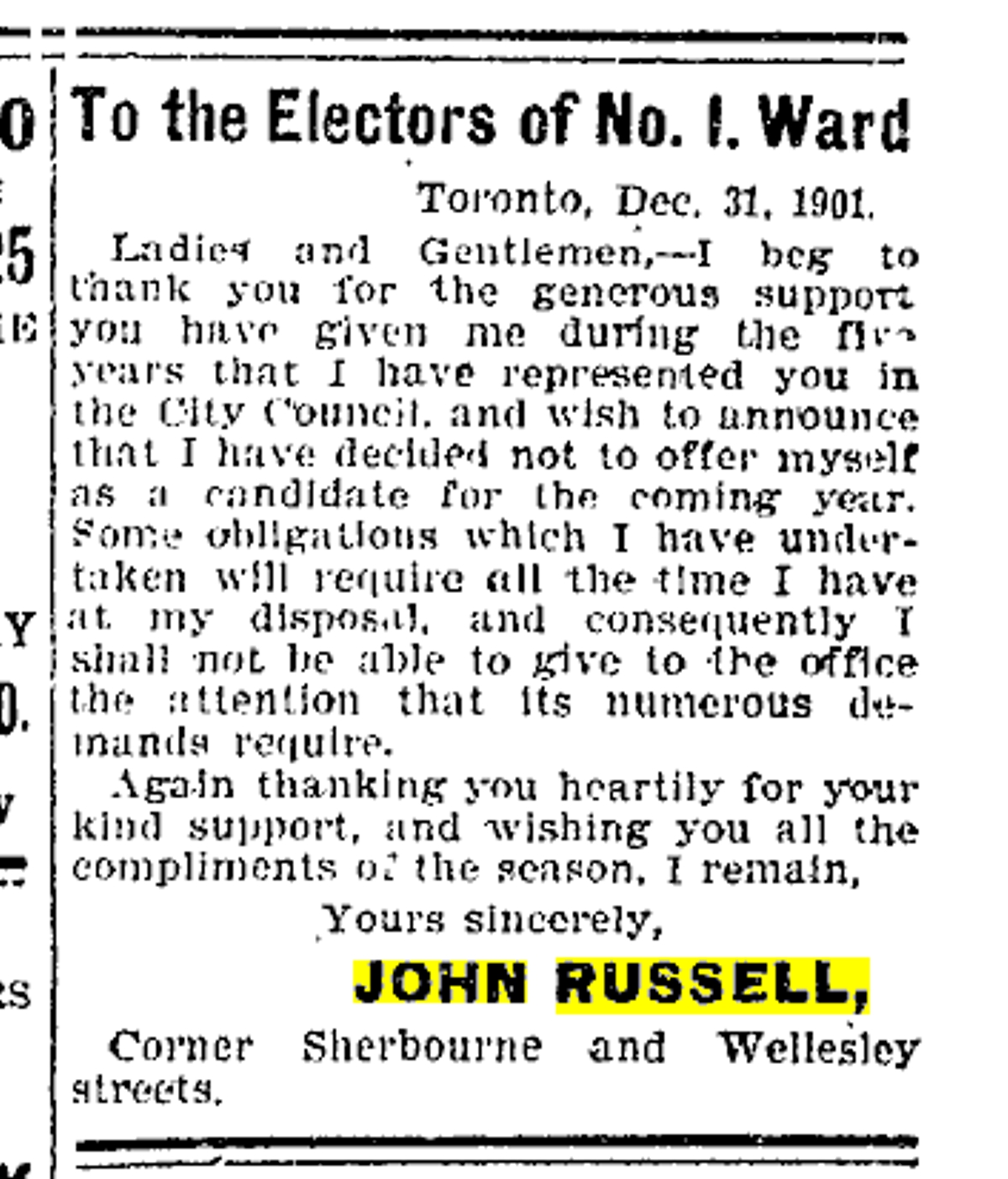 19011231 TS Russell will not run again