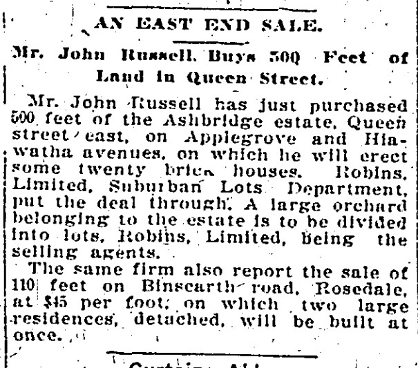 19081113 TS Russell buys Ashbridge Orchard