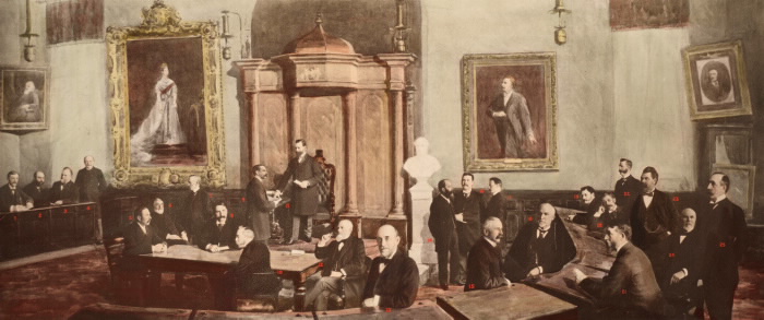 City Hall (1844-1899) Interior, council chamber, looking s., showing city council meeting, 1896 by Josiah Bruce TPL