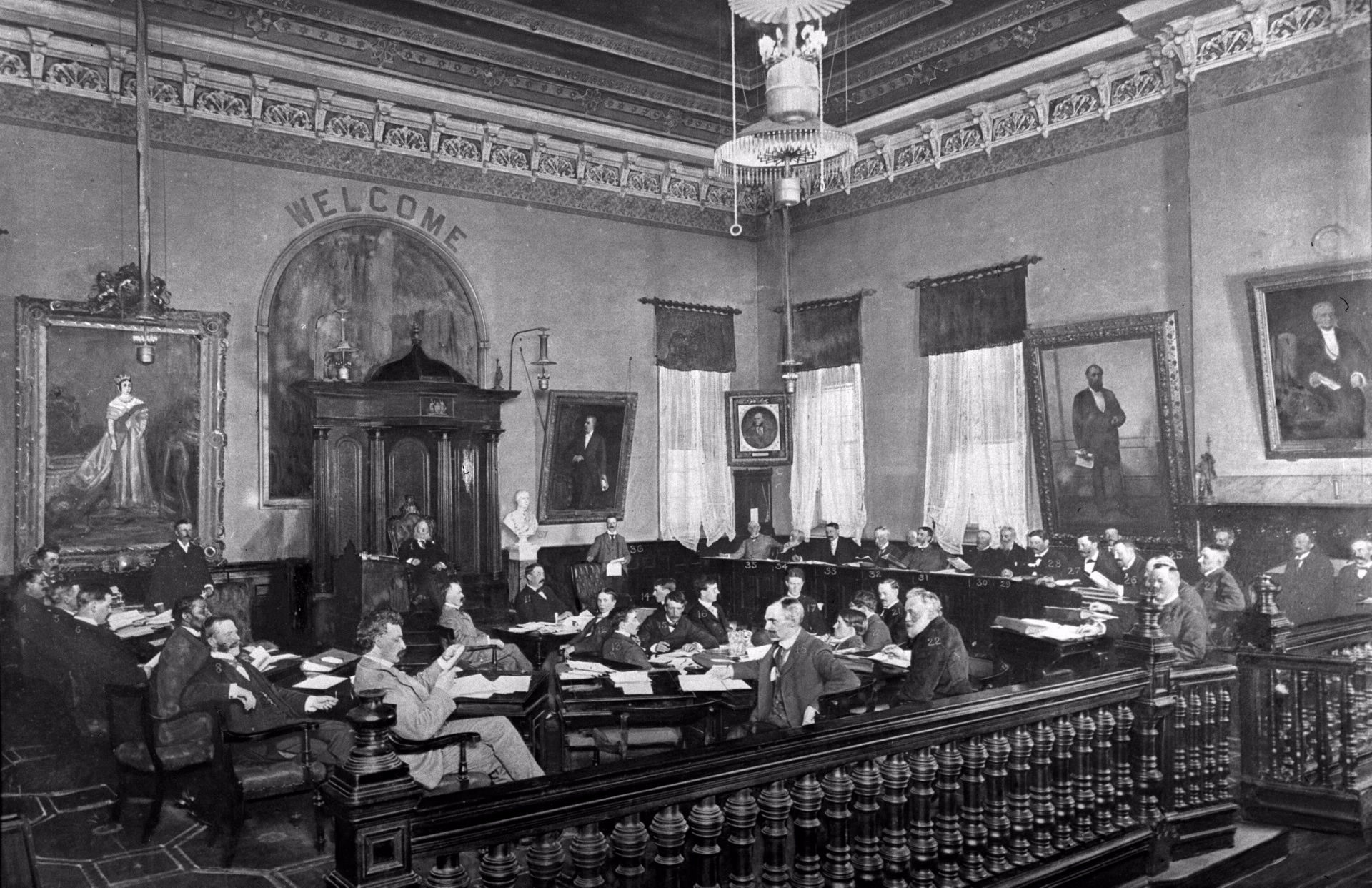 City Hall (1844-1899) Interior, council chamber, looking s.w., showing city council's last meeting in 1844-1899 city hall TP