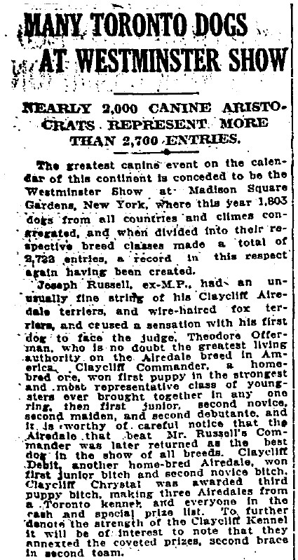 19220217 GL Joseph Russell and dogs at Westminister dog show