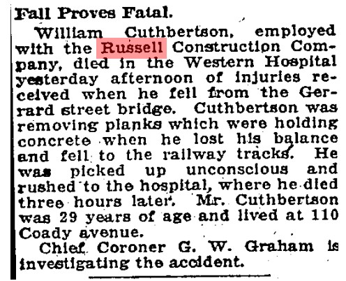 19230710 GL Russell worker killed fall Gerrard St bridge Globe, 10 July 1923