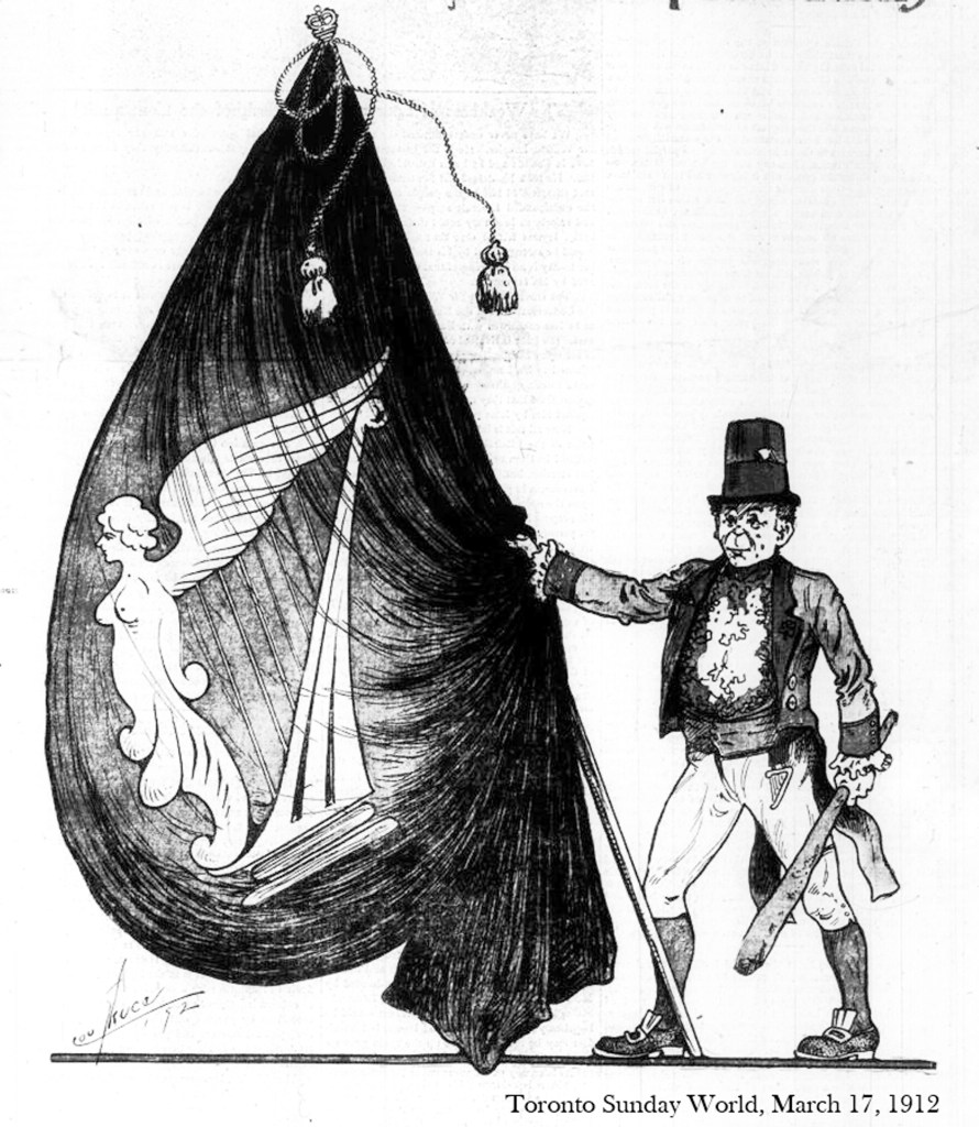 Cariature of Irish man with flag, Toronto Sunday World, March 17, 1912 (racist depiction showing Irish as monkey-like, sub-human somehow)
